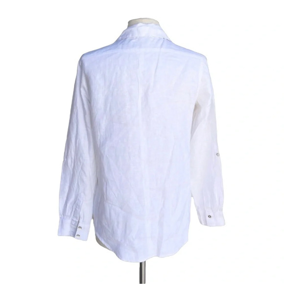 SYMPLE NYC Women’s Size M Off-White Linen Roll-tab Sleeve Button Pocketed Shirt - Picture 2 of 2